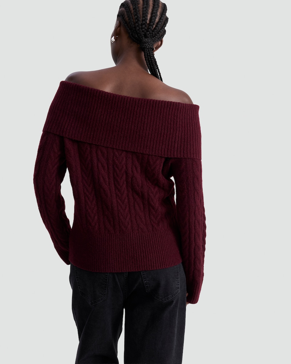 image 1 of F&F Cable Knit Off Shoulder Jumper with Wool in Burgundy