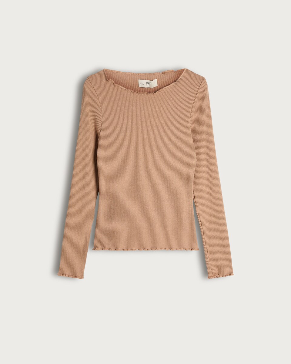 image 1 of F&F Ribbed Frill Accent Long Sleeved Top in Brown
