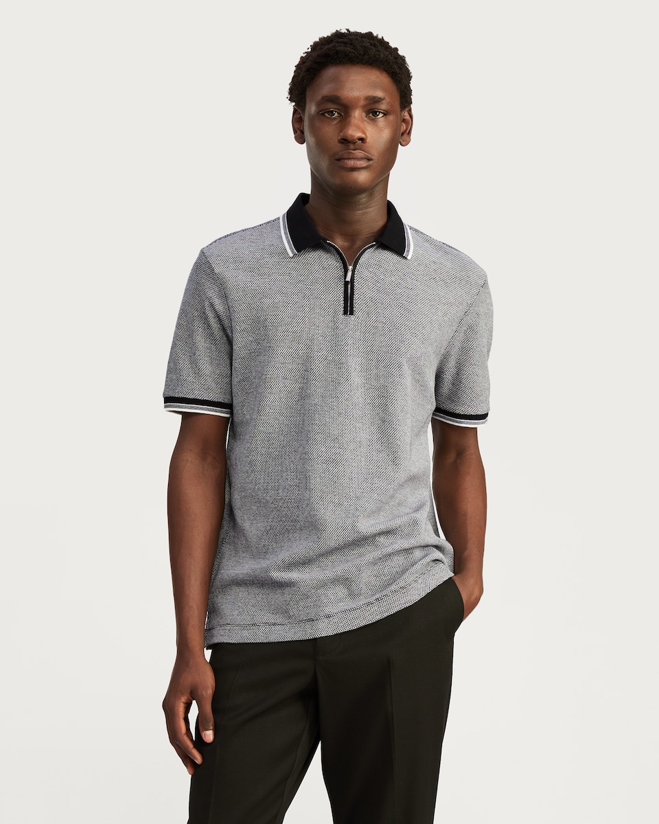 image 1 of The F&F Edit Pure Cotton Textured Zip Neck Polo Shirt in Black
