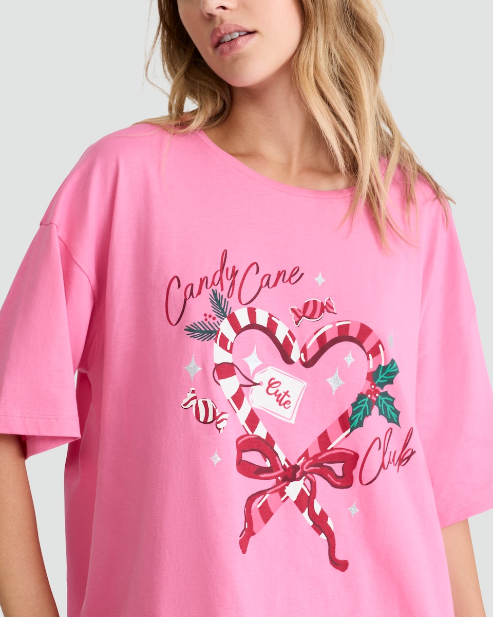 image 1 of F&F Pure Cotton Candy Cane Club Pyjama Top in Pink