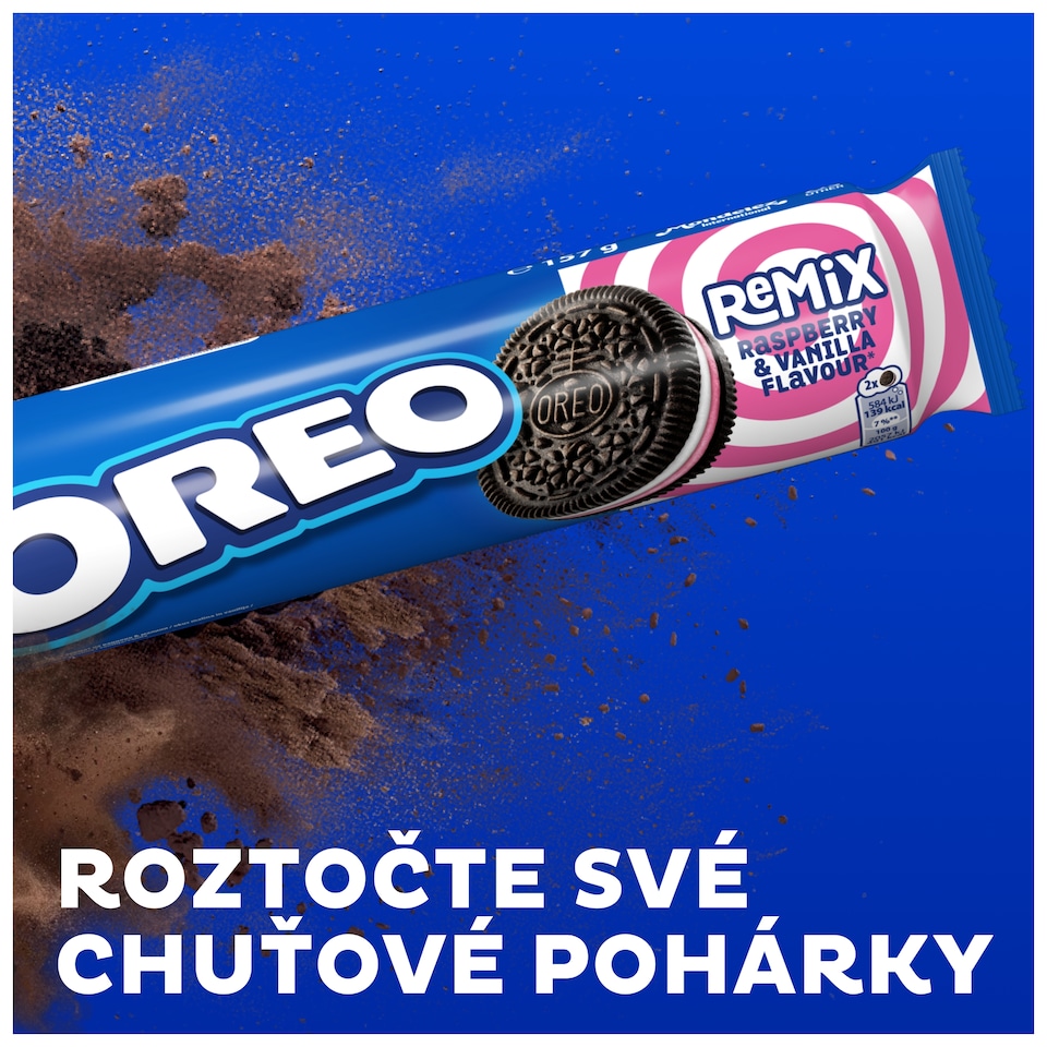 image 1 of OREO Remix Raspberry- and Vanilla-flavour Cocoa Sandwich Cookies 11 cookies 157 g