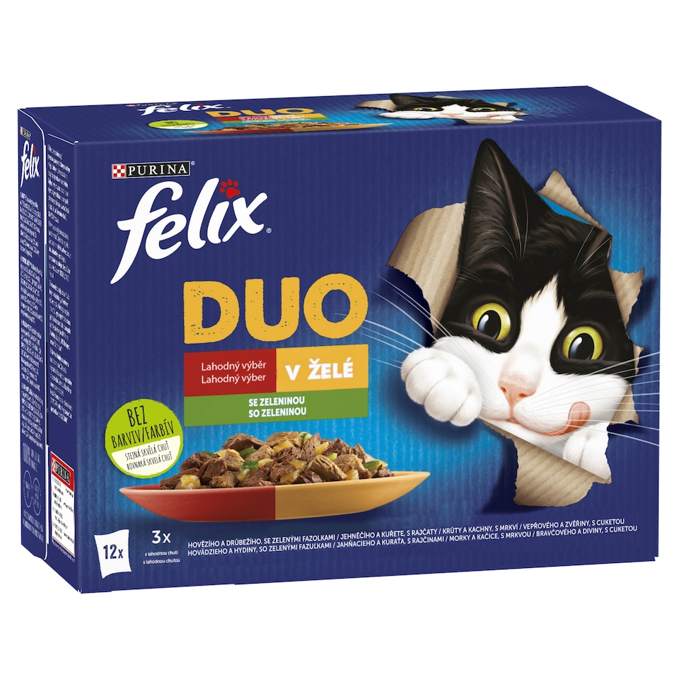 obrázok 1 z  Felix Fantastic DUO kapsičky pre mačky hovädzie a hydina, jahňacie a kura, morka a kačica 12 × 85 g