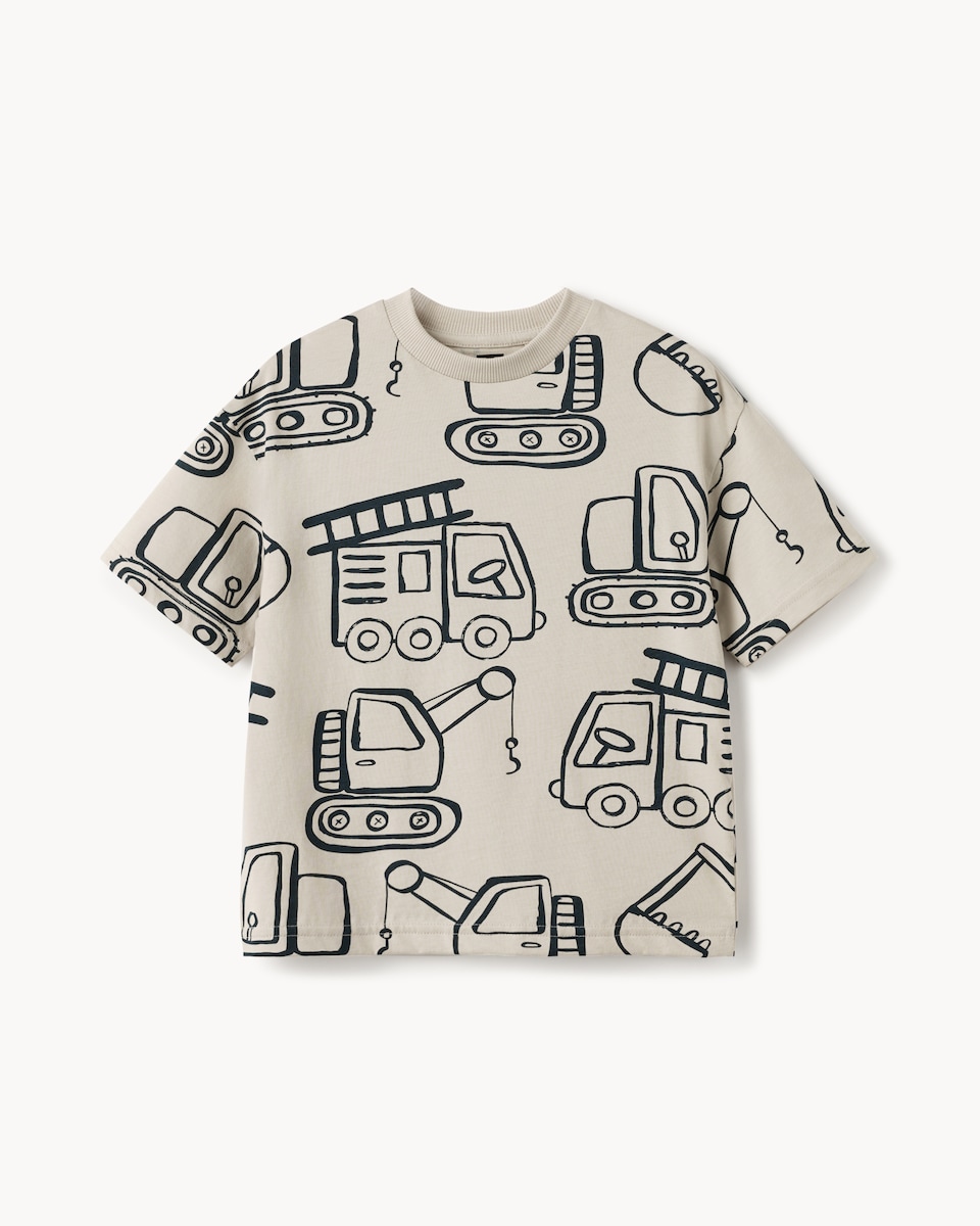 image 1 of F&F Boys Pure Cotton Vehicle T-Shirt in Stone