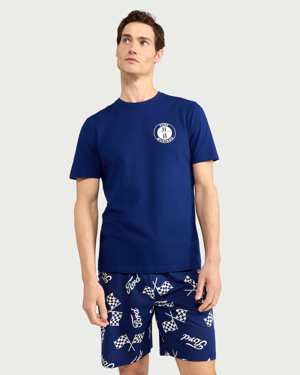 image 1 of Ford Pure Cotton Mustang Shorts Pyjama Set in Navy