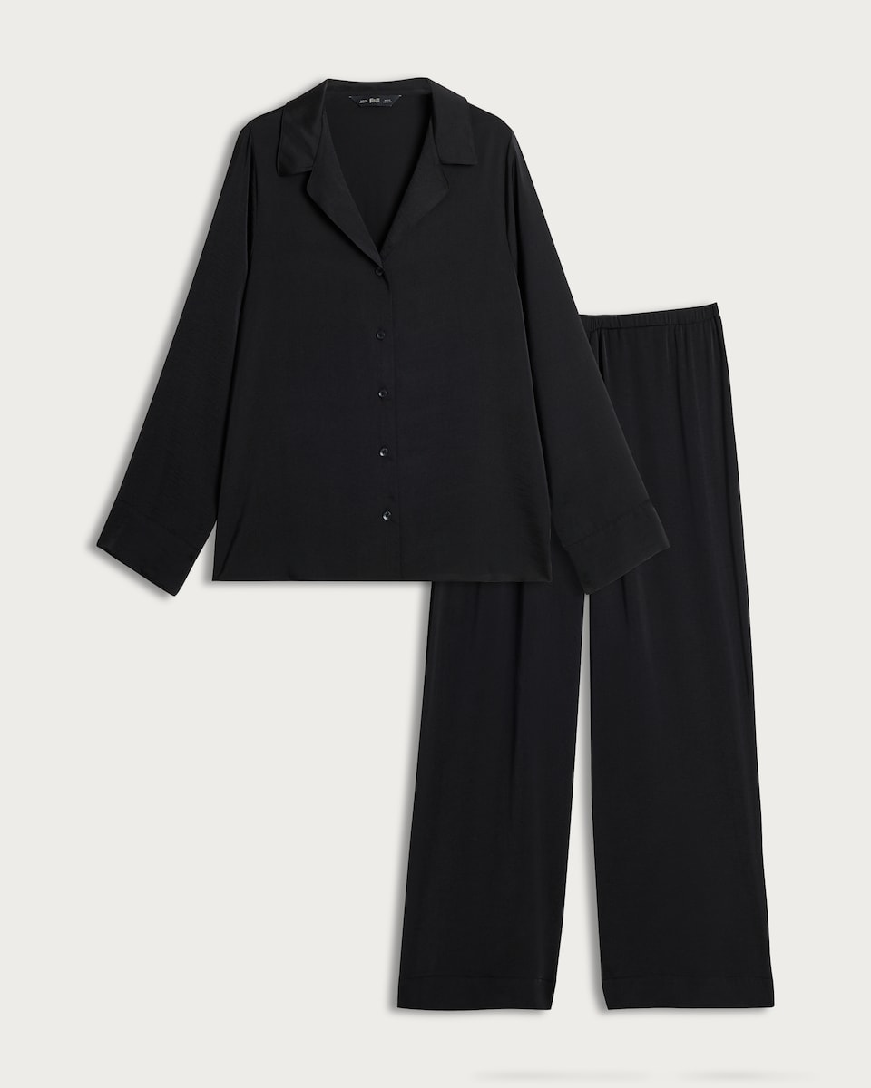 F&F CoolEase™ Satin Revere Button Up Pyjama Set in Black