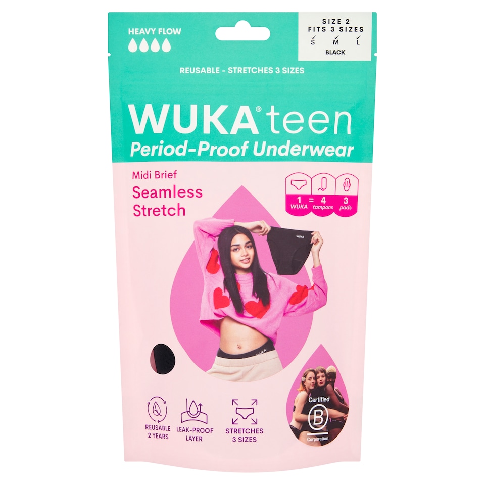 WUKA Teen Seamless Stretch Midi Brief Period Proof Underwear Heavy Flow Black Size S-L
