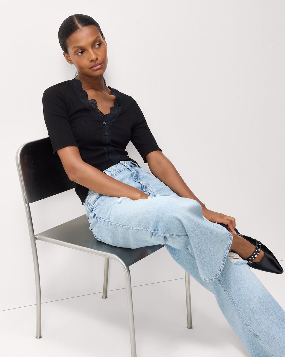 image 1 of F&F Lace Trim Button Up Top in Black