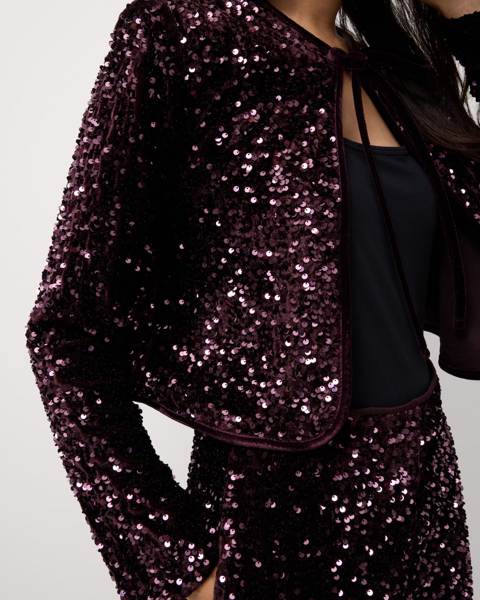 image 1 of F&F Velvet Sequin Jacket in Burgundy