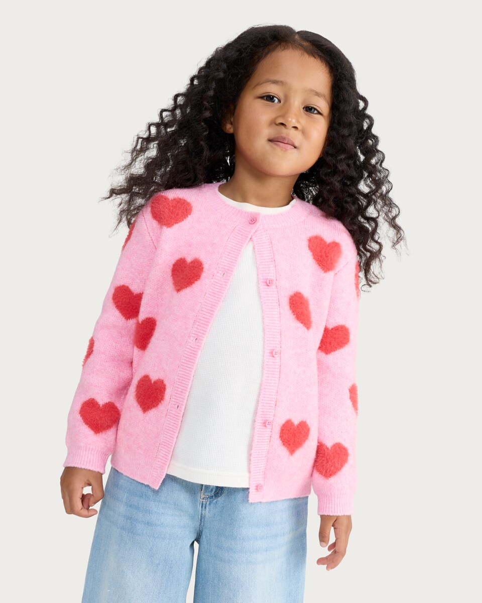 image 1 of F&F Girls Textured Heart Pattern Cardigan in Pink