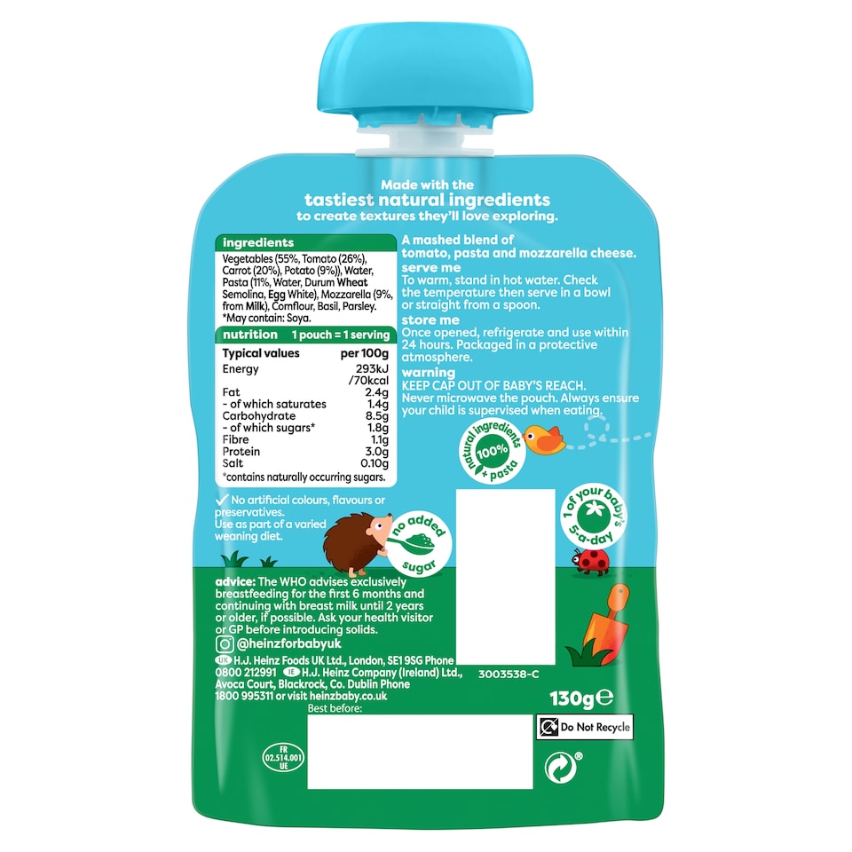 image 1 of Heinz Tomato Mozzarella Pasta Shapes Baby Food Pouch 130g