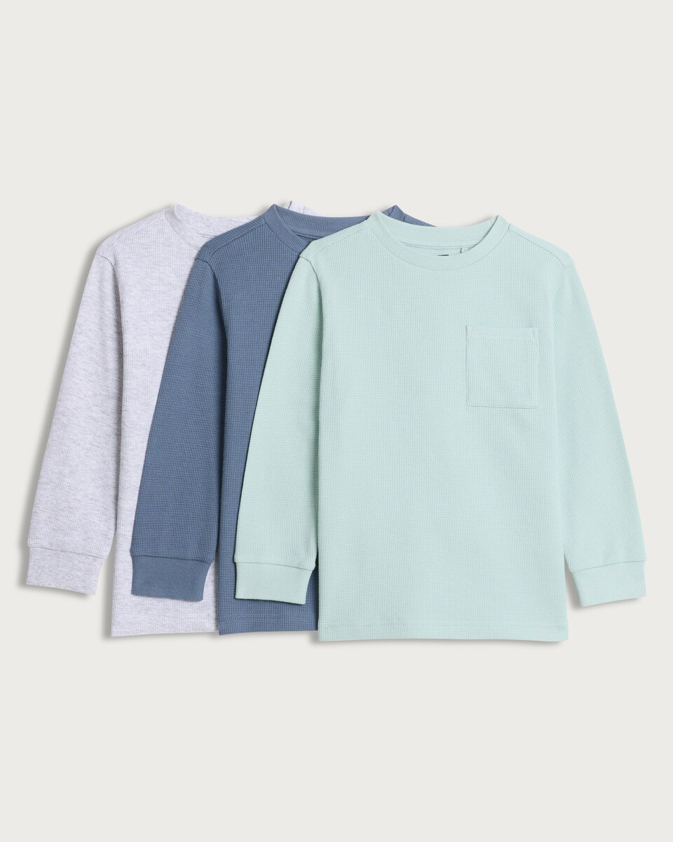 image 1 of F&F Boys 3-Pack Pure Cotton Waffle Textured Long Sleeved Tops in Blue