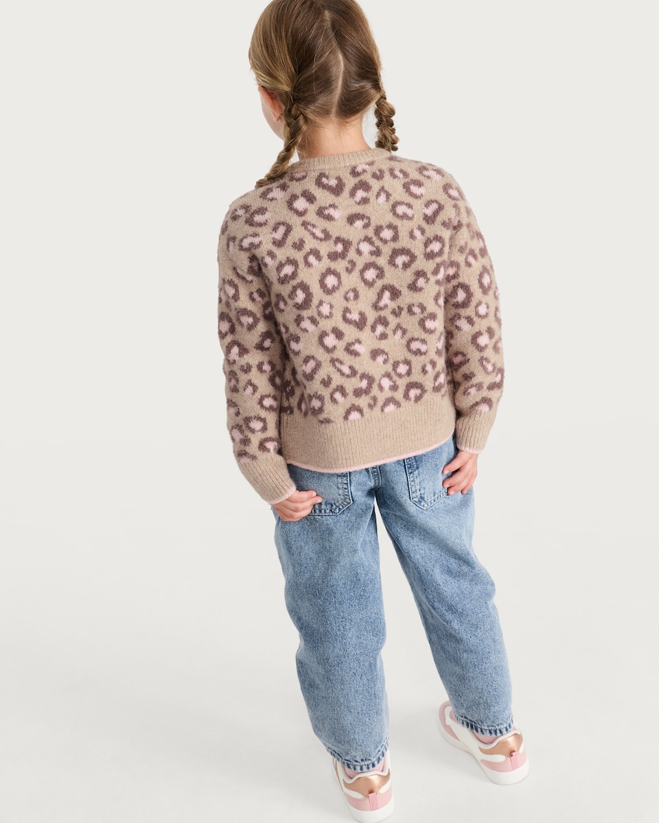 image 1 of F&F Girls Leopard Print Bow Cardigan in Brown