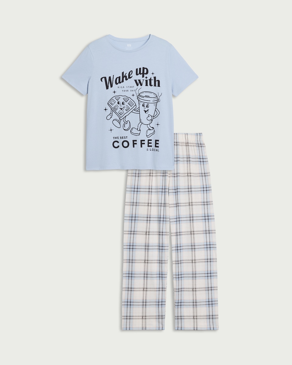 image 1 of F&F Pure Cotton Coffee Print Pyjama Set in Multi Blue