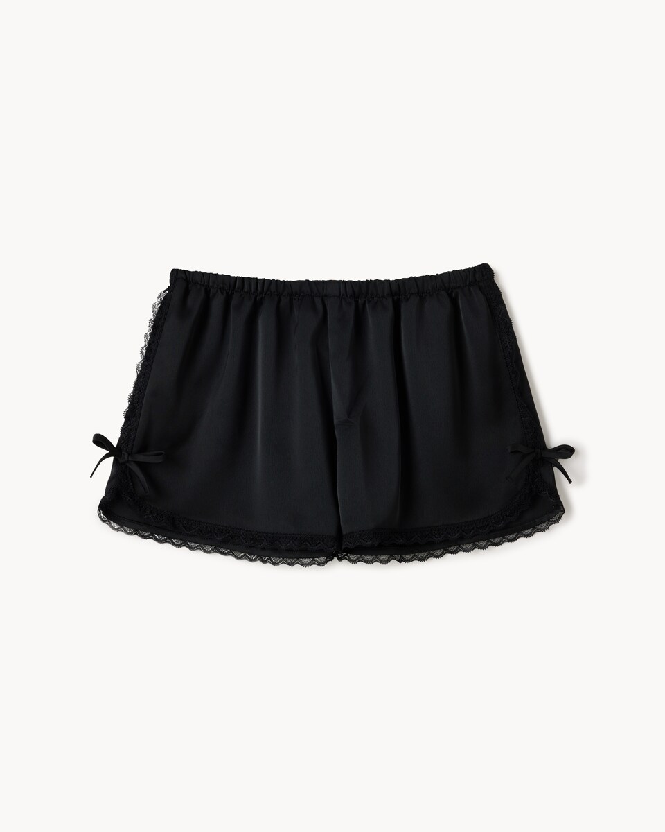 image 1 of OH ME OH MY Satin Lace Trim Shorts in Black