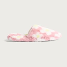 F&F Faux Fur Daisy Print Mule Slippers in Pink