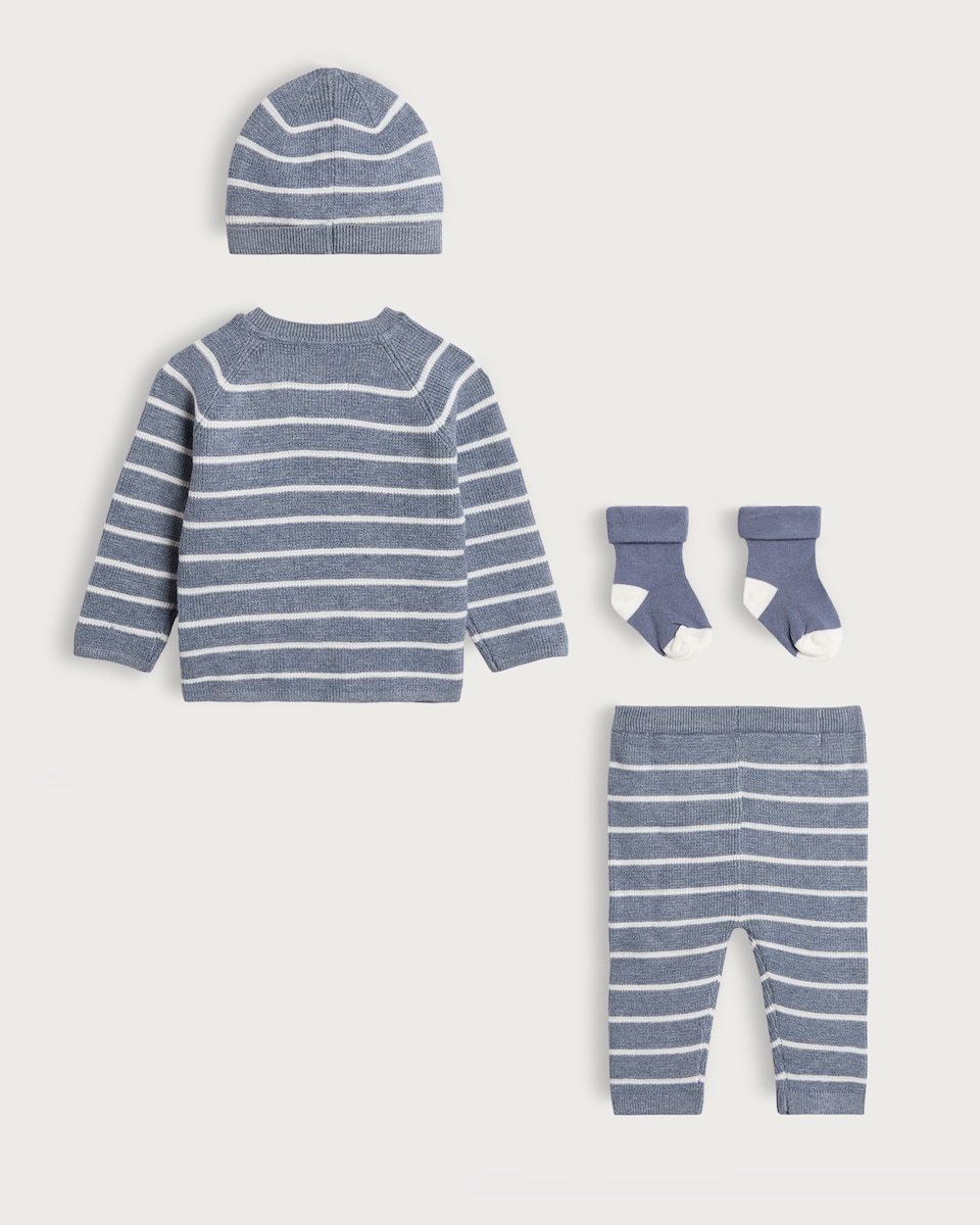 image 1 of F&F Baby 4-Piece Knitted Stripe Jumper, Leggings, Hat and Socks Set in Multi Blue
