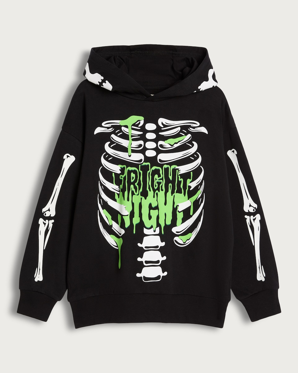 image 1 of F&F Boys Cotton Rich Fright Night Skeleton Print Hoodie in Black