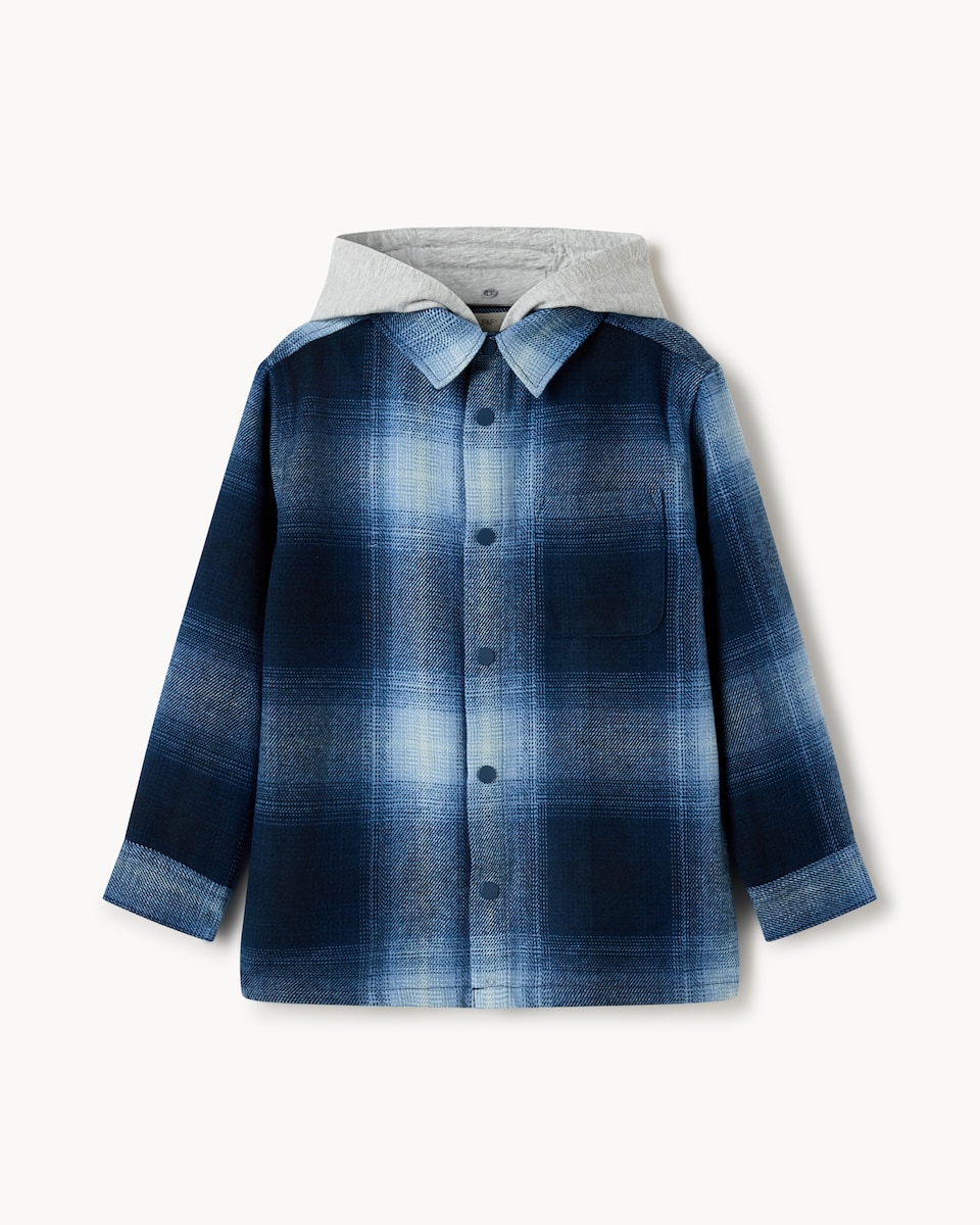 image 1 of F&F Boys Check Hooded Shirt in Blue