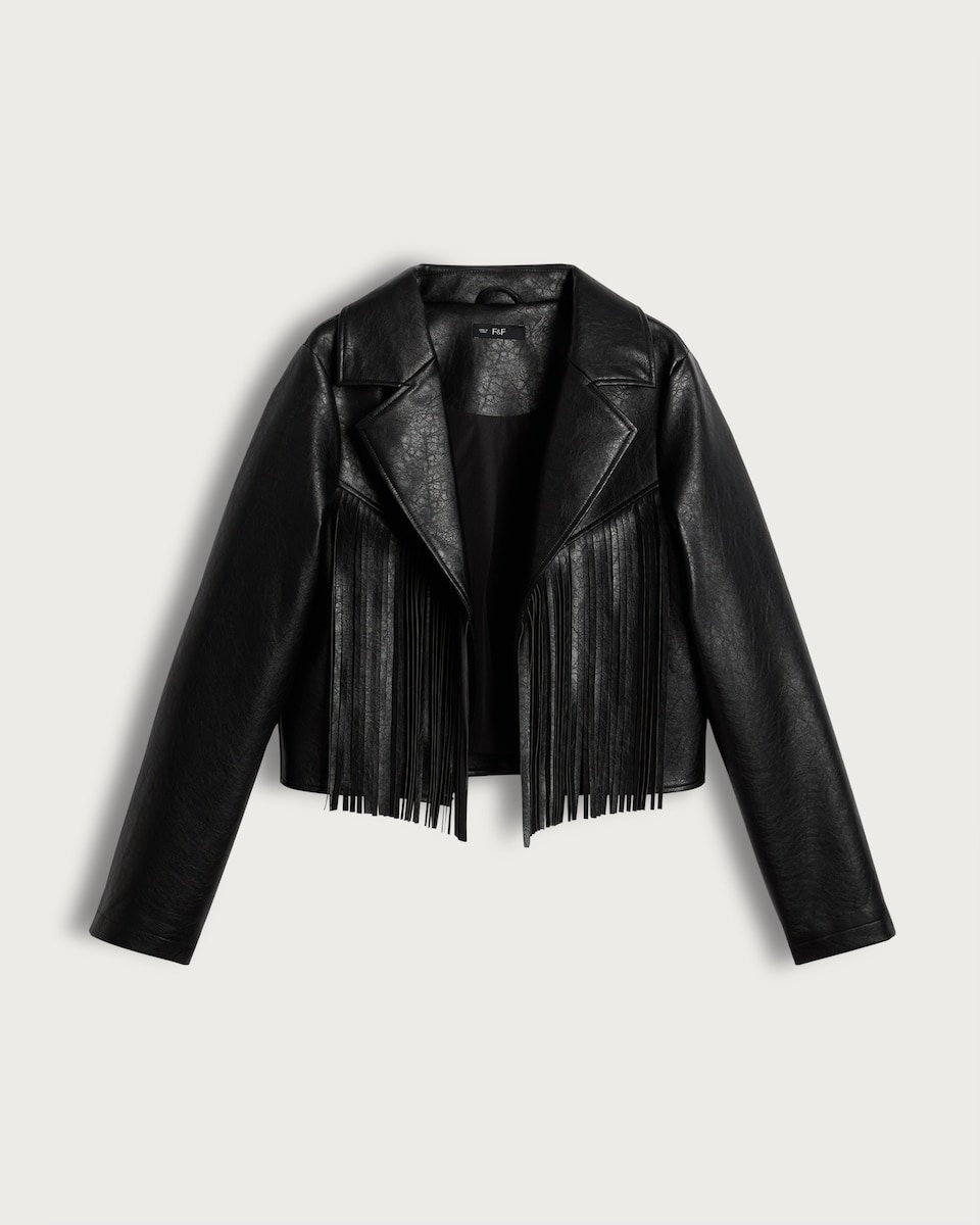 image 1 of F&F Faux Leather Fringed Jacket in Black