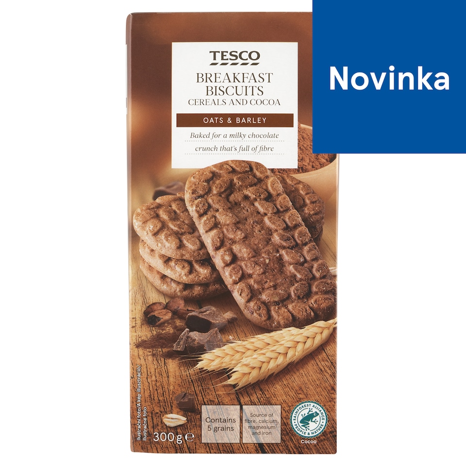 Tesco Obilninové sušienky s kúskami čokolády, kakaom a pridanými minerálnymi látkami 300 g