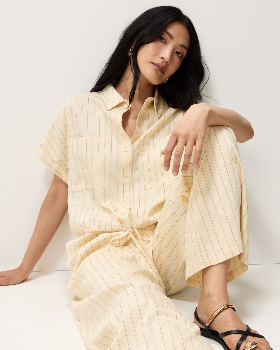 image 1 of F&F Modal Rich Pinstripe Short Sleeved Shirt in Cream