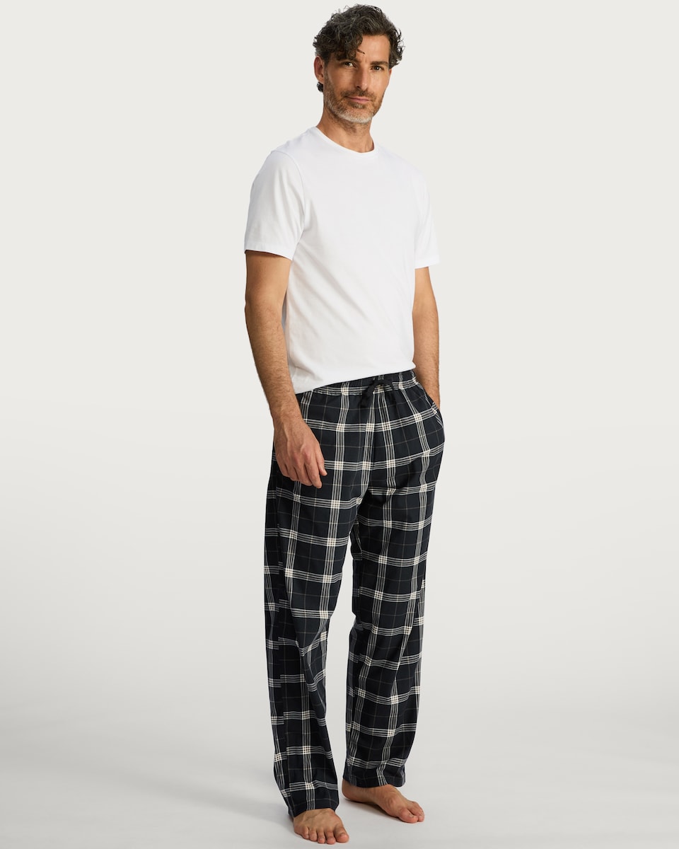 image 1 of F&F Check Print Fleece Pyjama Bottoms in Navy