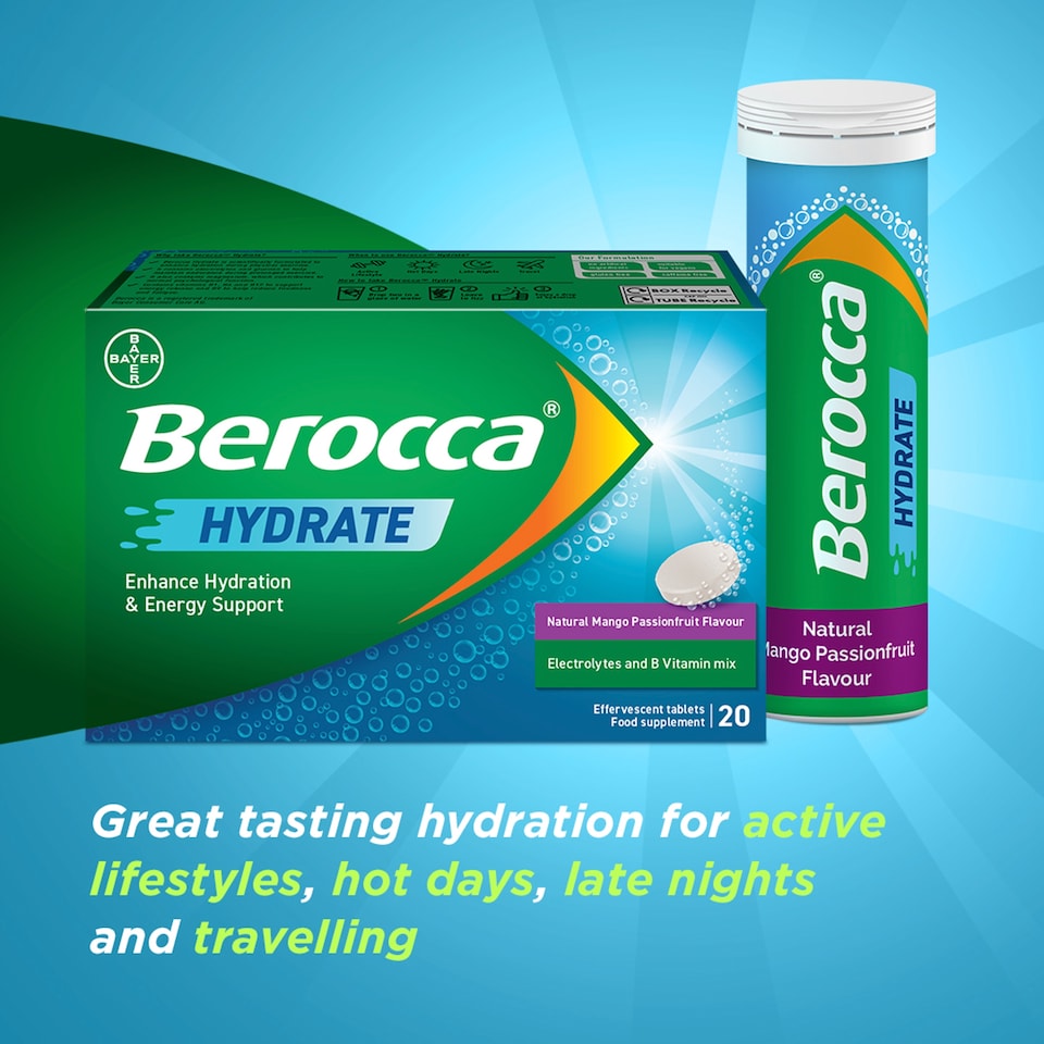 image 1 of Berocca Hydrate Natural Mango & Passionfruit Effervescent Tablets 20