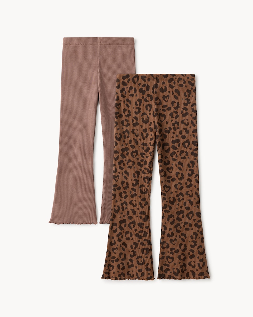 image 1 of F&F Girls 2-Pack Cotton Rich Animal Print Flared Leggings in Multi Brown