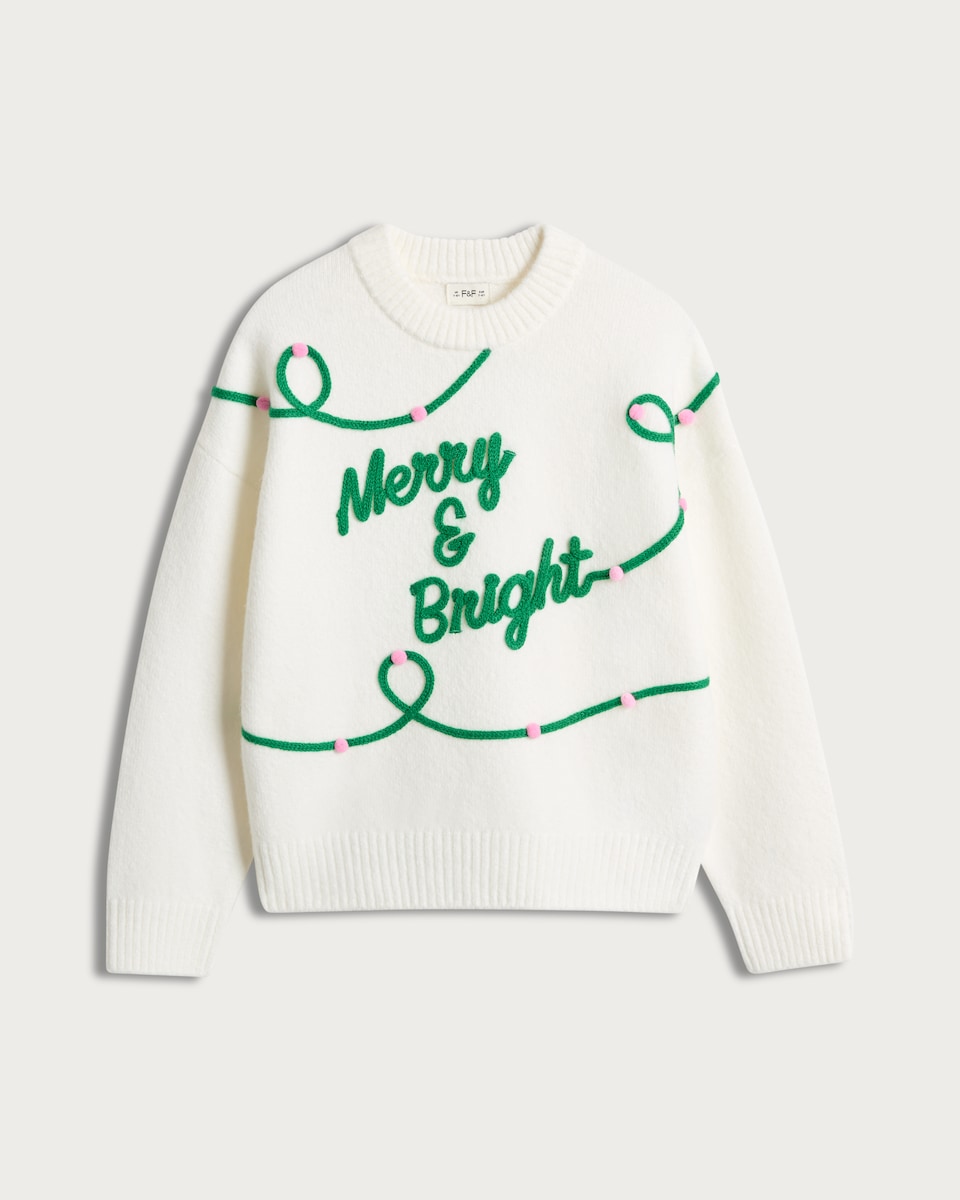 image 1 of F&F Girls Merry & Bright Knitted Jumper in Cream