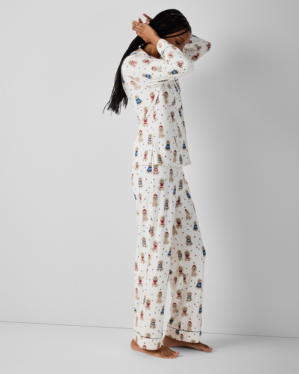 image 1 of Christmas Fleece Dog Revere Pyjama Set in Multi White