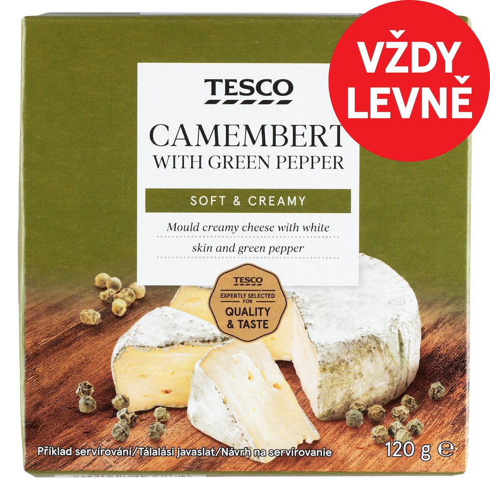Tesco Měkký zrající plnotučný sýr s bílou plísní na povrchu se zeleným pepřem 120g