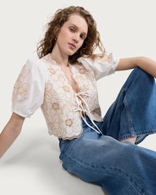F&F Pure Cotton Floral Embroidered Tie Front Blouse in Multi White