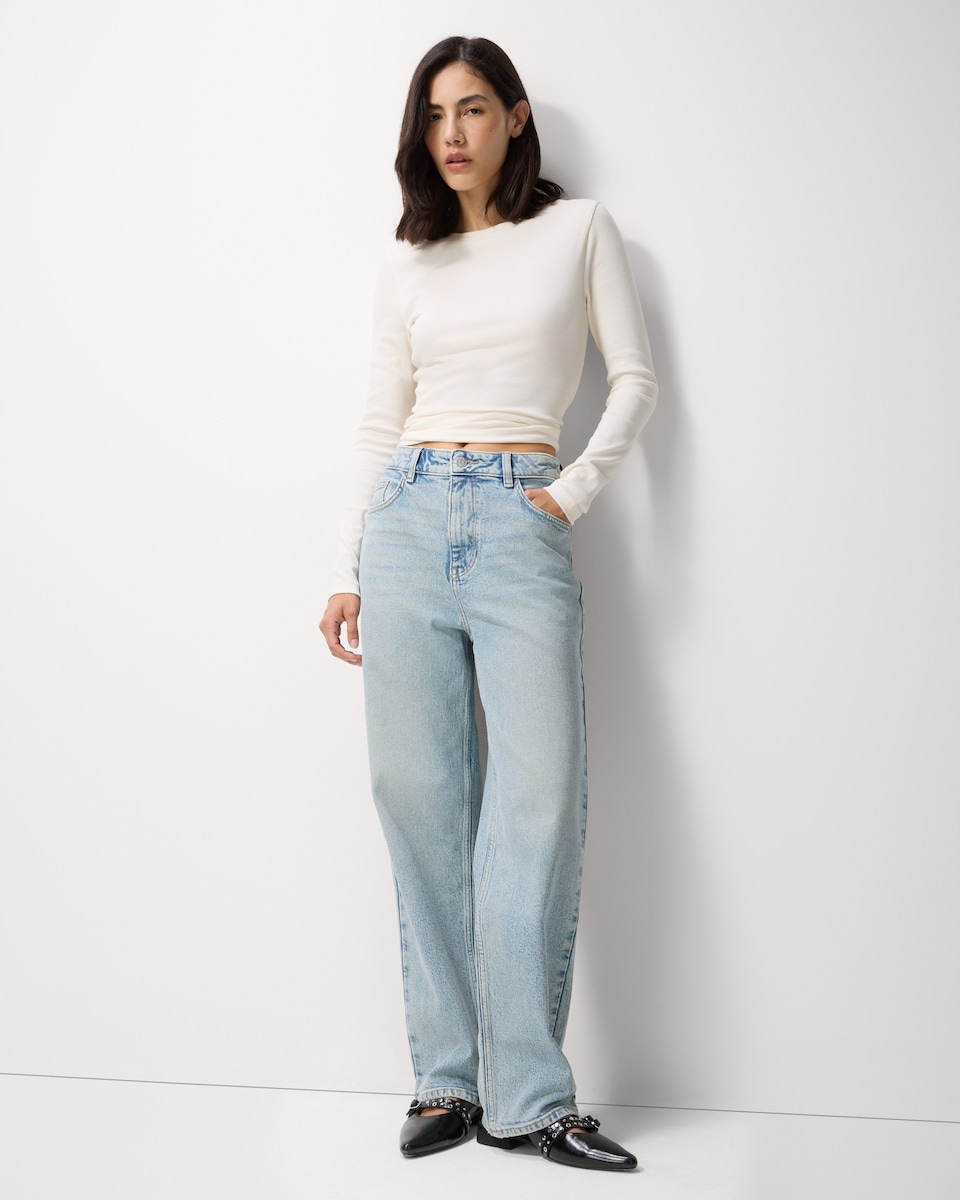 image 1 of F&F Cotton Rich Ribbed Long Sleeved Top in Cream