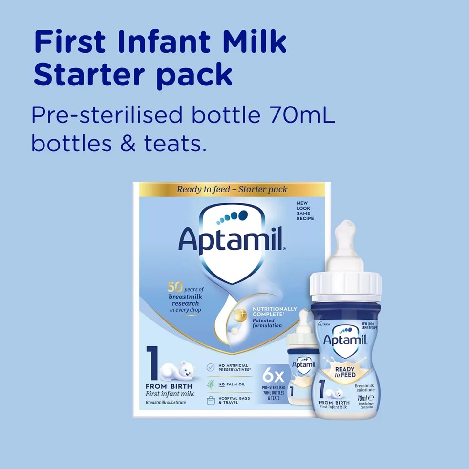 image 1 of Aptamil 1 First Infant Baby Milk Formula Liquid Starter Pack Ready to Feed from Birth 6x70ml