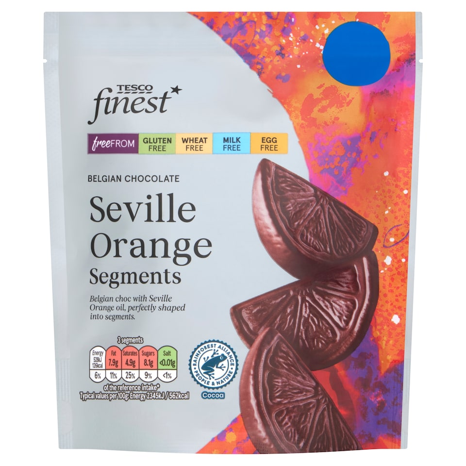  Tesco Finest Freefrom Belgian Chocolate Seville Orange Segments 90g.