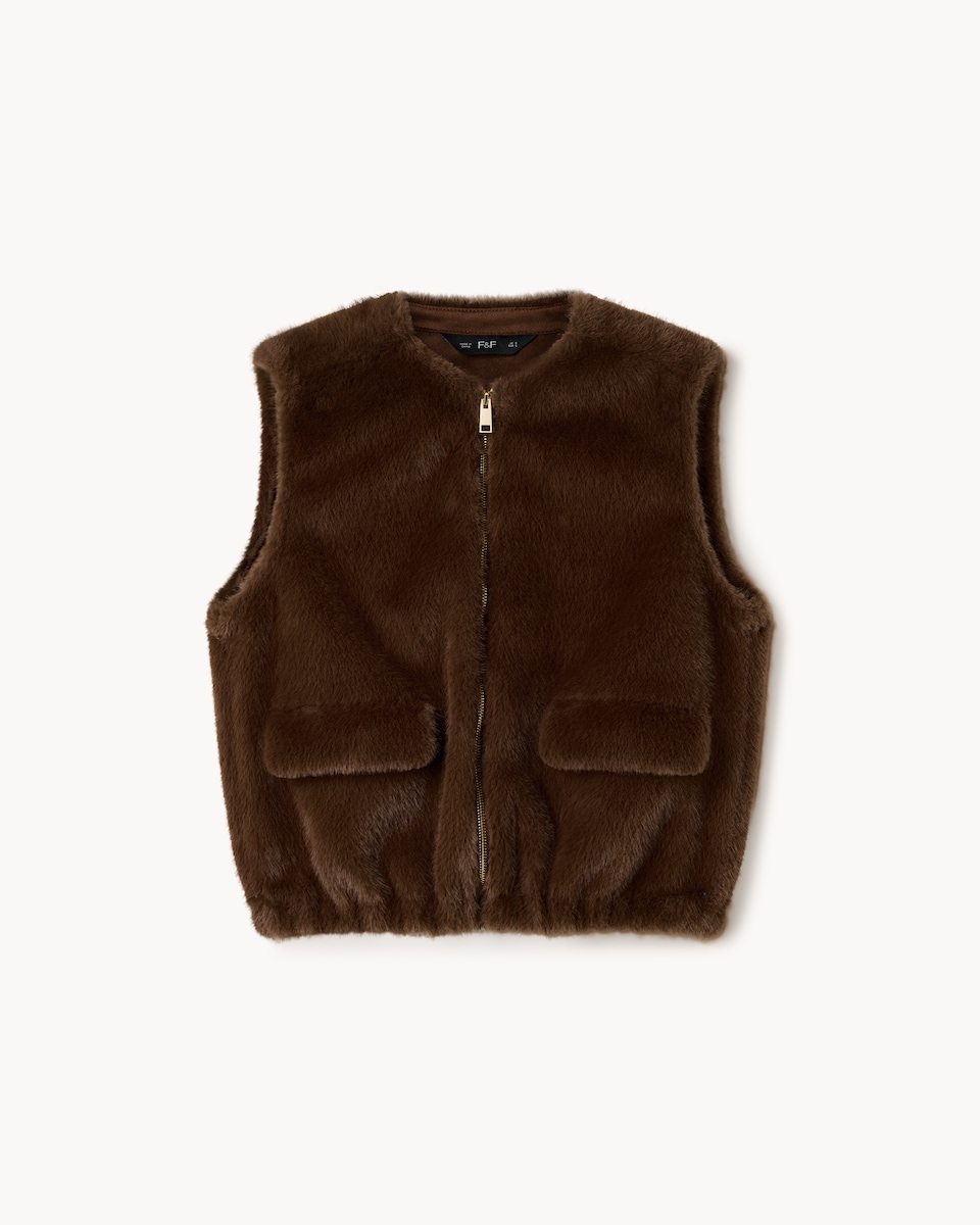 image 1 of F&F Faux Fur Zip Up Gilet in Brown