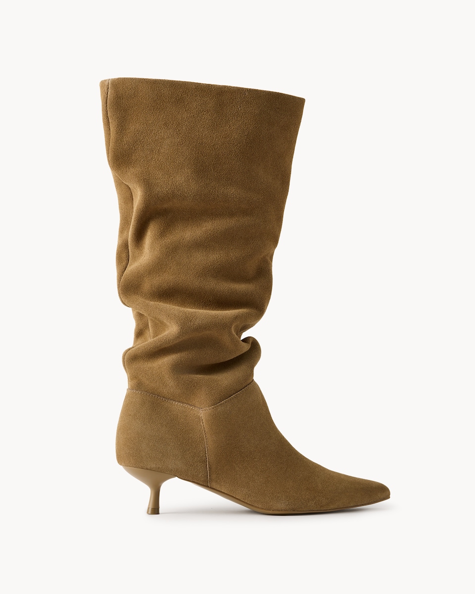 image 1 of SACHA Suede Knee High Slouchy Boots in Tan