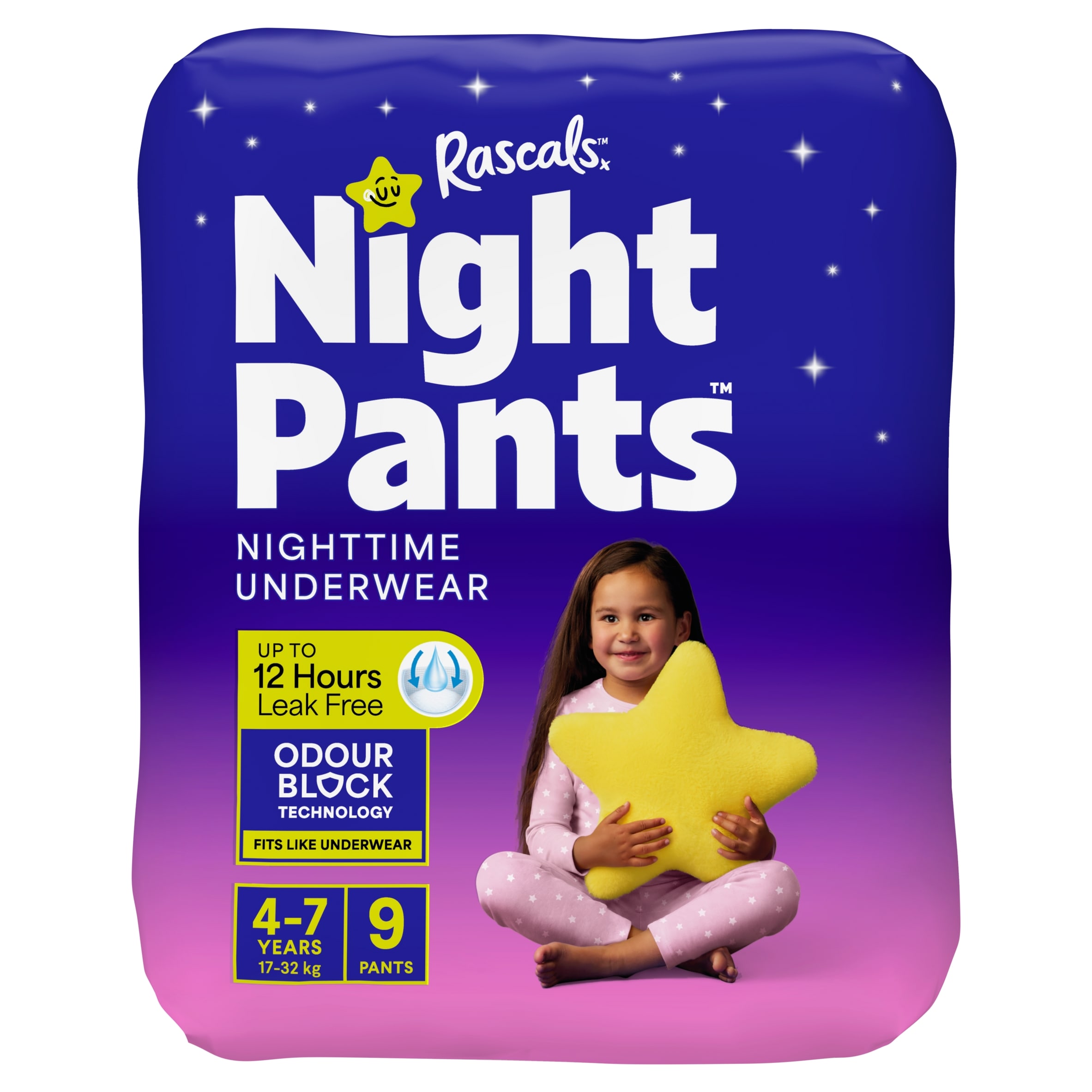Rascals Night Pants Absorbent Disposable Girls Nighttime Bedwetting Overnight Underwear 4-7 Years (17-32 kg), 9-Pack