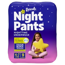Rascals Night Pants Absorbent Disposable Girls Nighttime Bedwetting Overnight Underwear 4-7 Years (17-32 kg), 9-Pack