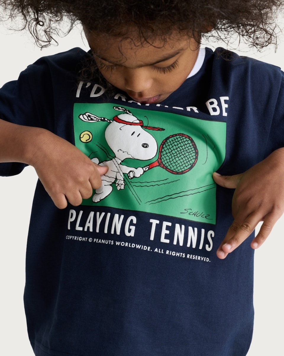 image 1 of Snoopy Pure Cotton Tennis Graphic Short Sleeved T-Shirt in Navy