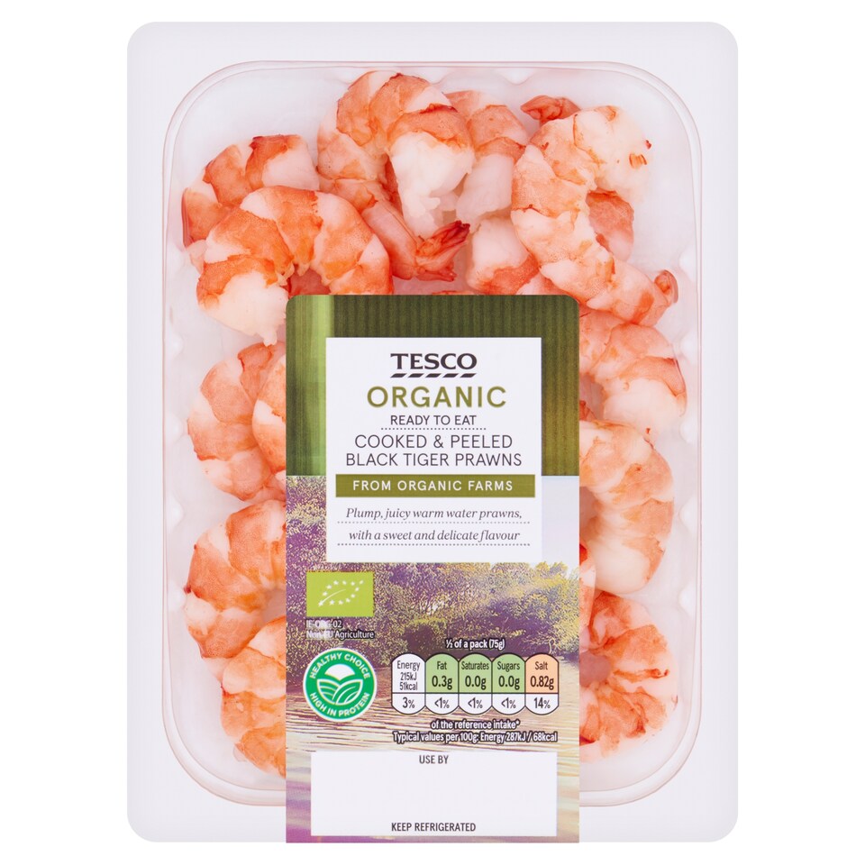 Tesco Organic Cooked & Peeled Black Tiger Prawns 150g