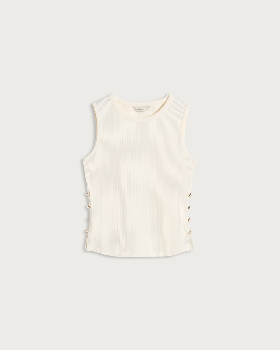 image 1 of F&F Cotton Rich Ribbed Side Button Detail Vest in Cream