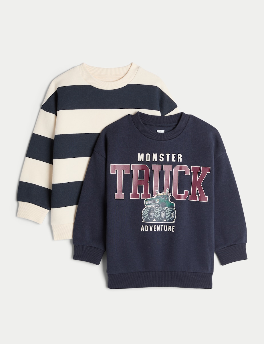 image 1 of F&F Boys 2-Pack Cotton Rich Monster Truck Adventure Sweatshirts in Multi