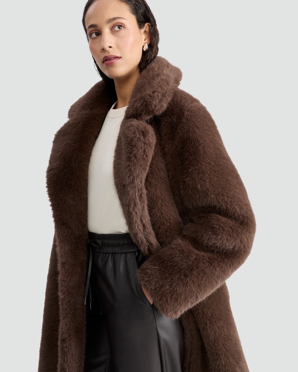 image 1 of F&F Faux Fur Pocket Detail Longline Coat in Brown