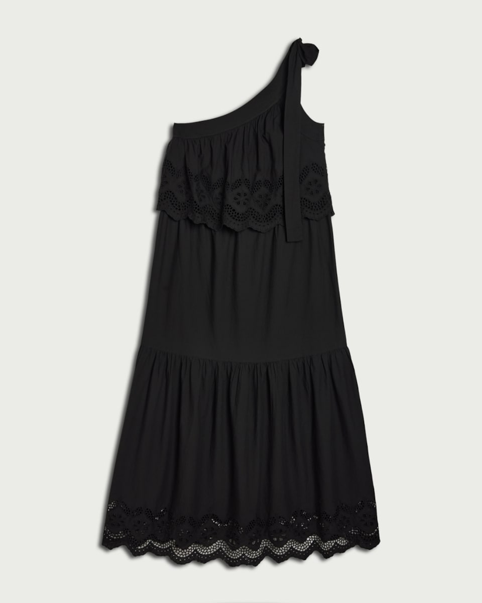 image 1 of The F&F Edit Pure Cotton Embroidered One Shoulder Maxi Dress in Black