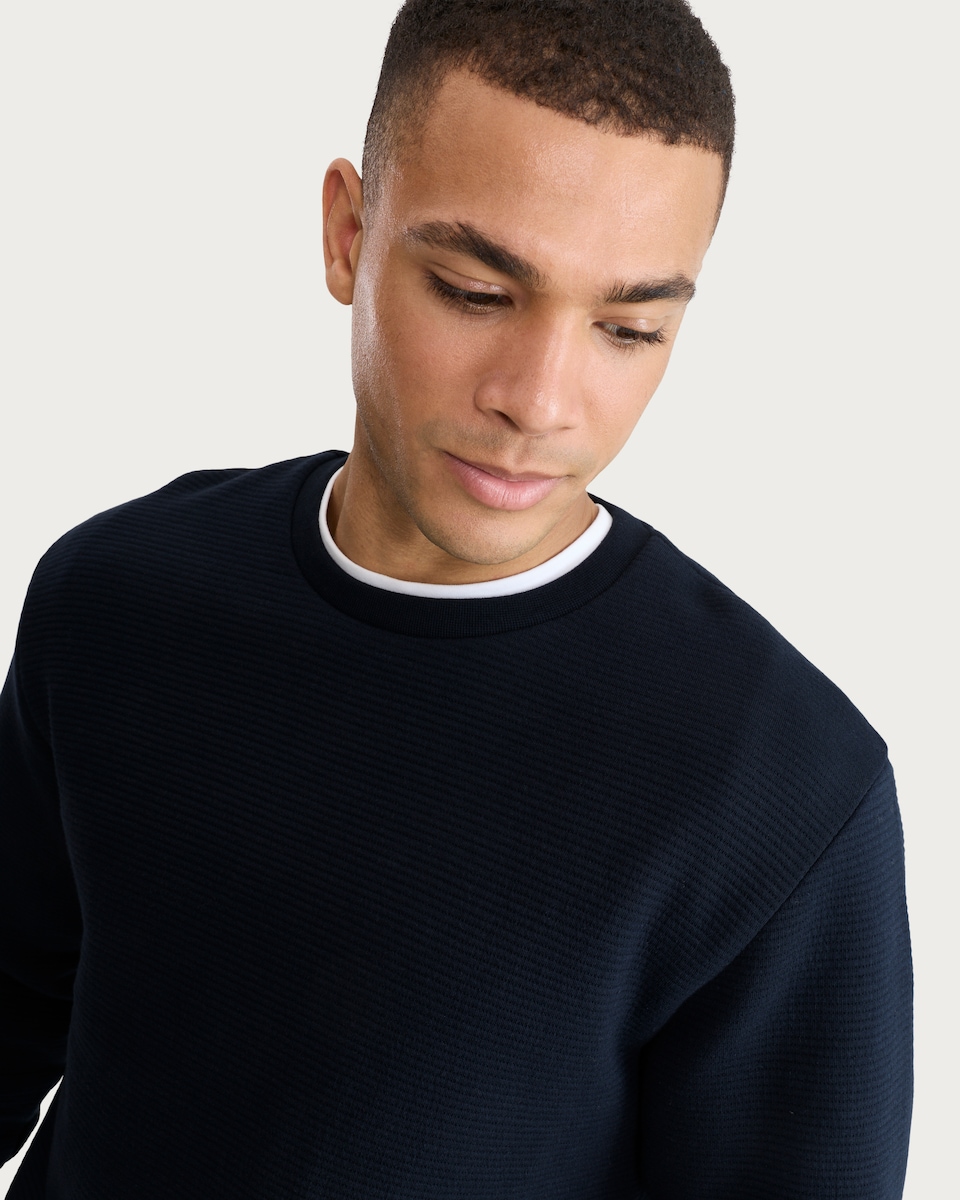 image 1 of F&F Cotton Rich Textured Crew Neck Sweatshirt in Navy