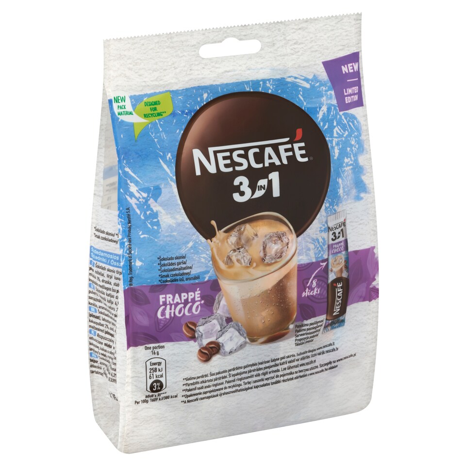 Nescafé 3in1 Frappé Choco csokoládés ízű azonnal oldódó kávéspecialitás 8 x 16 g (128 g)
