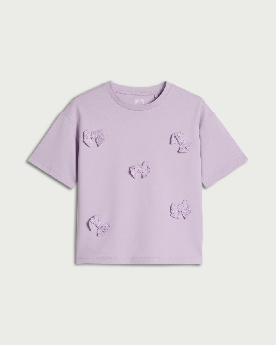 image 1 of F&F Girls Pure Cotton Bow Appliqué T-Shirt in Lilac