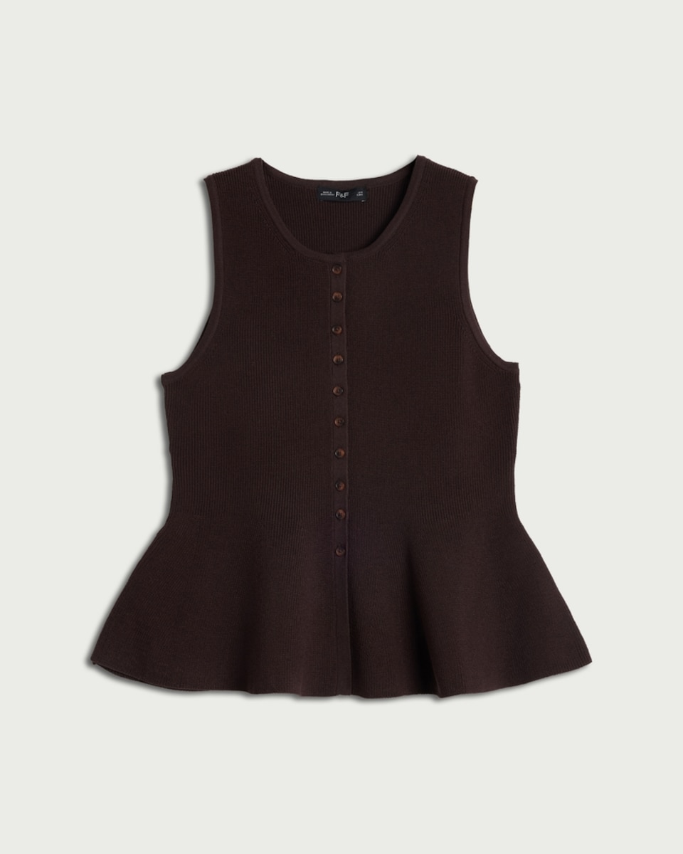 image 1 of F&F Button Front Peplum Hem Waistcoat in Chocolate