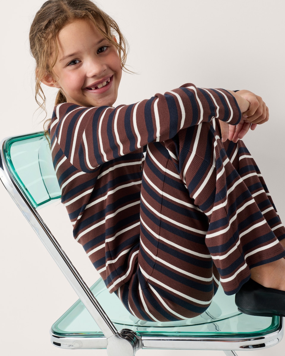 image 1 of F&F Girls Cotton Rich Striped Cardigan and Leggings Set in Brown
